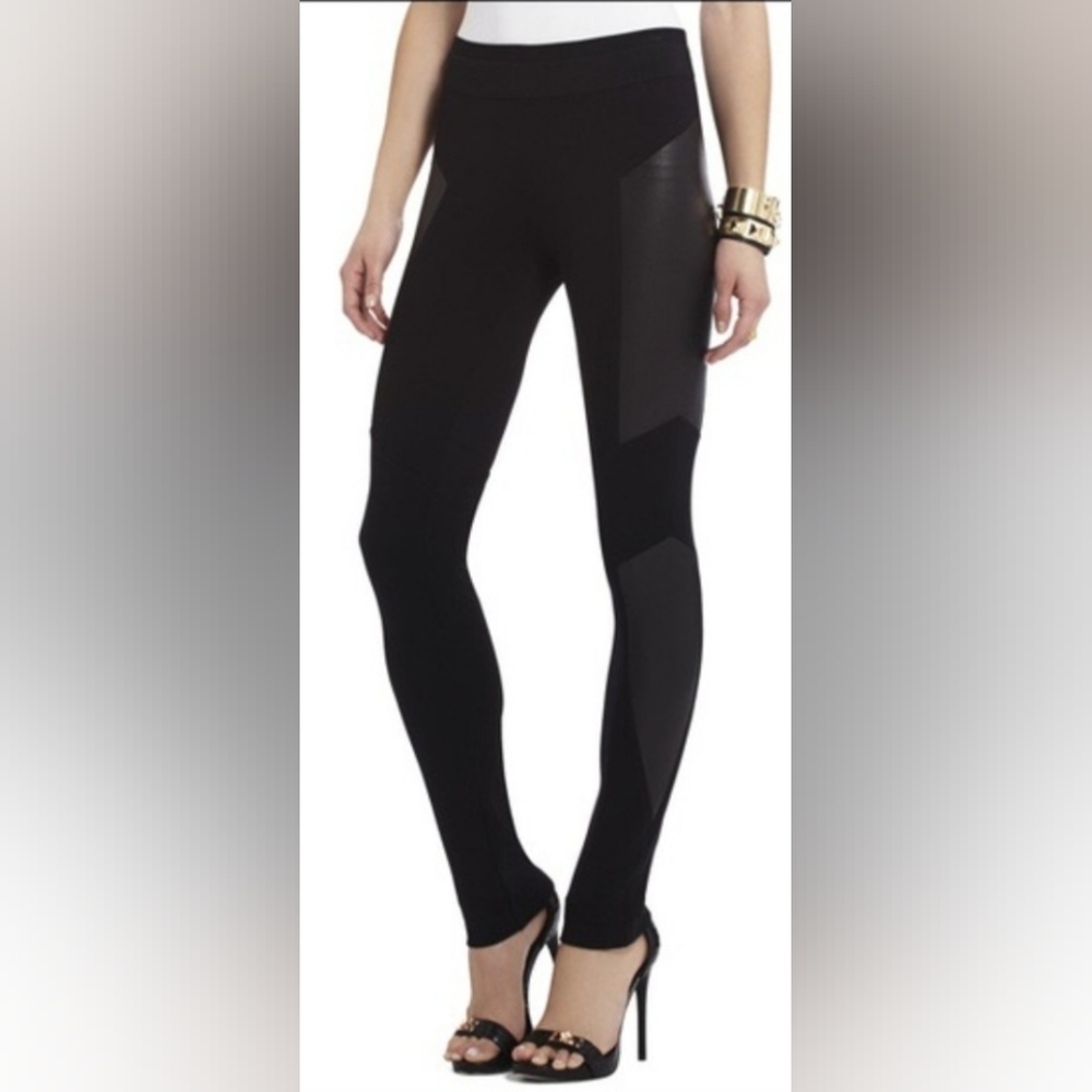 BCBGmaxazria Mari Black Two Tone Faux Leather & Fabric Leggings Size Medium